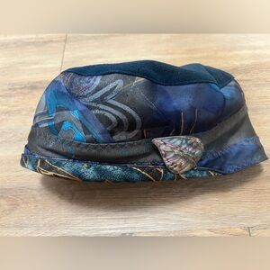 Handmade Artisan Patchwork Hat – Grey and Blue with Abalone Shell